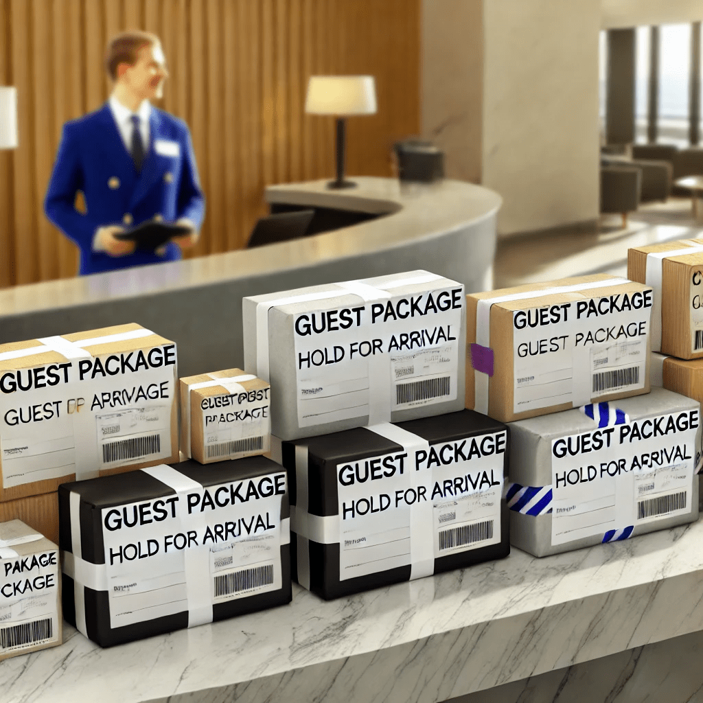 Guest packages stacked on a hotel front desk awaiting arrival